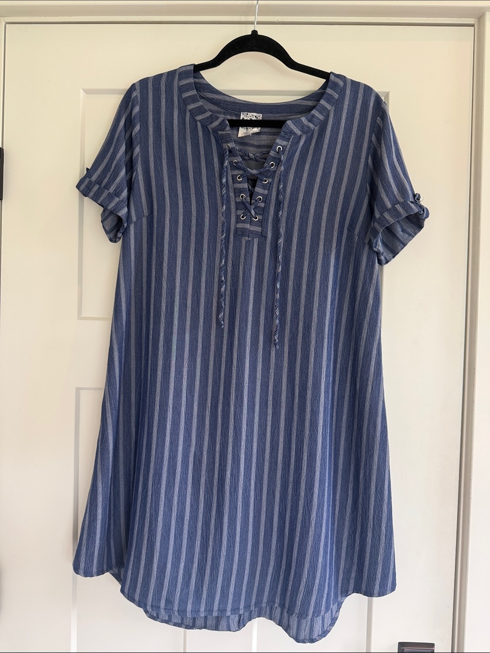 NAÏF Blue White Vertical Stripe Lace Up Tunic Shift Dress M Medium Boho